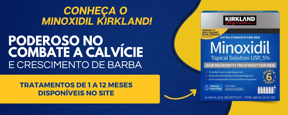 Conheça o Minoxidil Kirkland! Poderoso no combate à calvície e crescimento de barba. Tratamentos de 1 a 12 meses disponíveis no site.